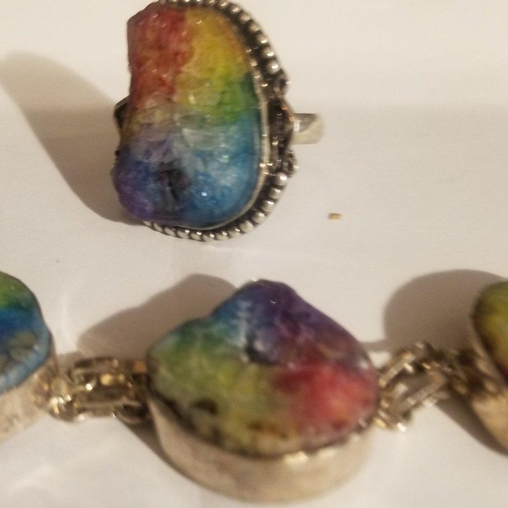 Rainbow Gemstone  Ring and Bracelet in Silver WOW!